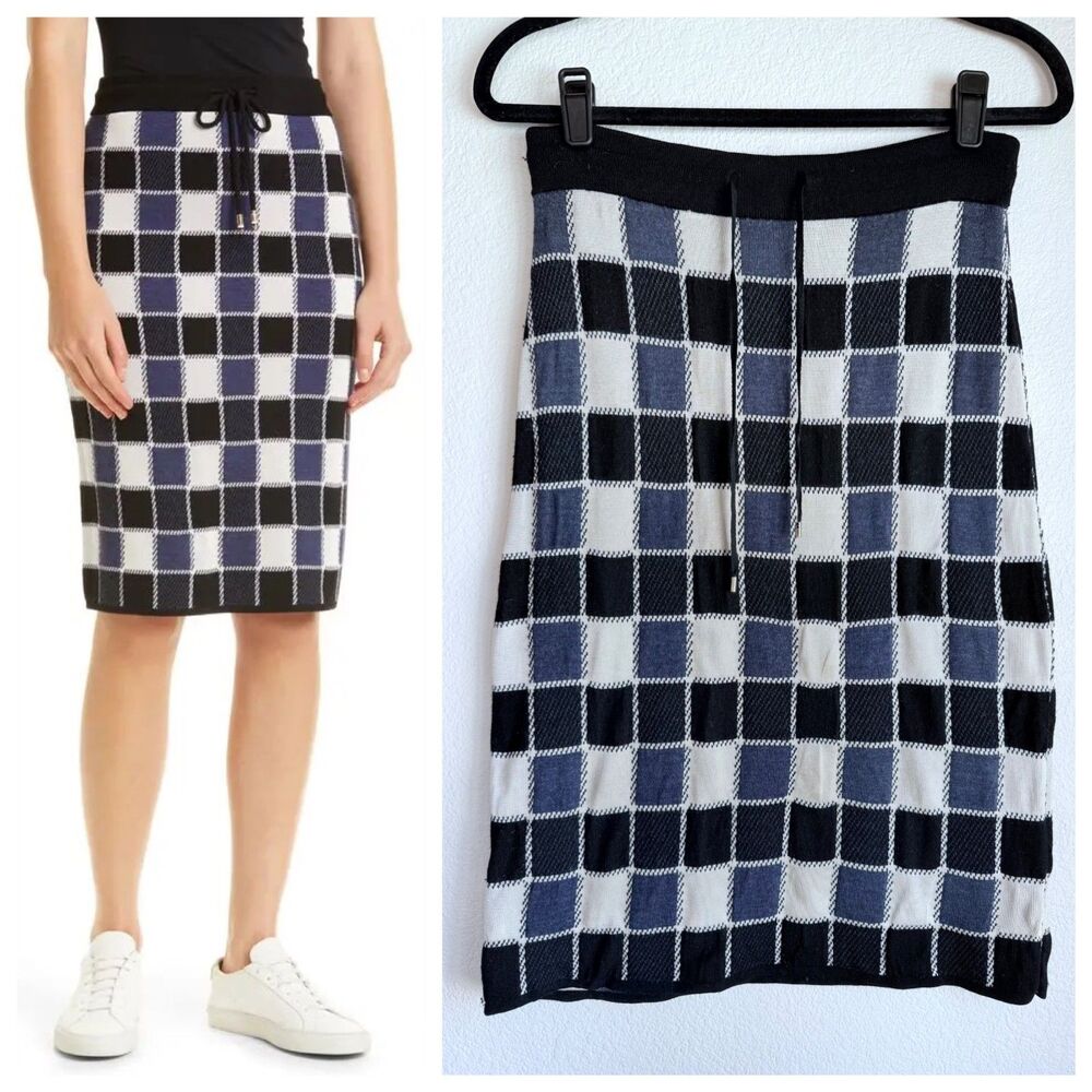 BOSS Hugo Boss Fiallah Check Wool Blend Jacquard Pencil Skirt Navy Black & White